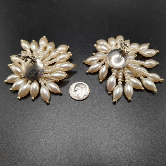 Vintage Faux Pearl Waterfall Clip-on Earrings, 2 1/2", Lucite Beads - Picture 8 of 10
